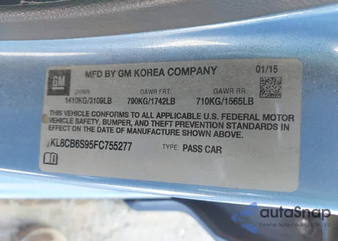 2015 Chevrolet Spark Ls Cvt из США, поврежденный, VIN KL8CB6S95FC755277